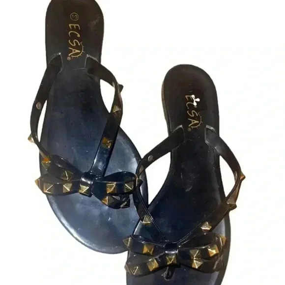 Black Flip Flops with Gold Sequined Bows - Picture 1 of 7